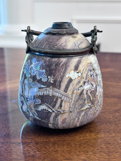 Chinese Inlaid Soapstone Jar, Mother-of-Pearl Landscape