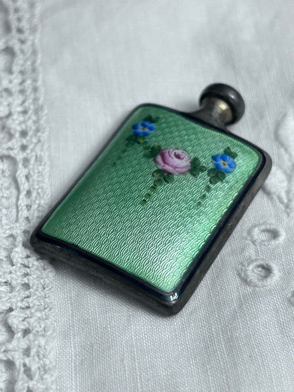 Sterling Silver Miniature Perfume Bottle with Green Guilloché Enamel