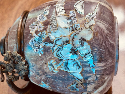 Chinese Inlaid Soapstone Jar, Mother-of-Pearl Landscape