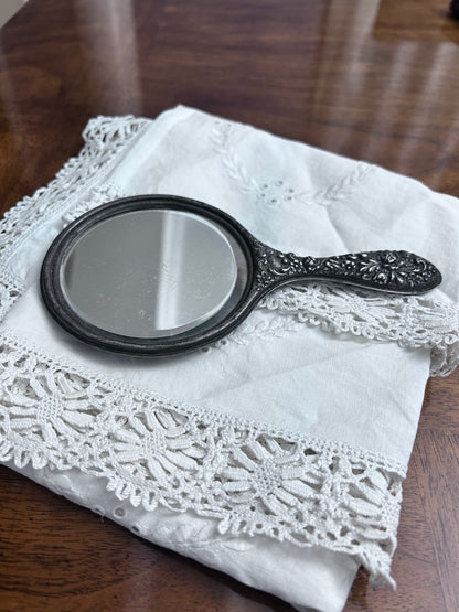 Antique Sterling Silver Floral Repoussé Hand Mirror