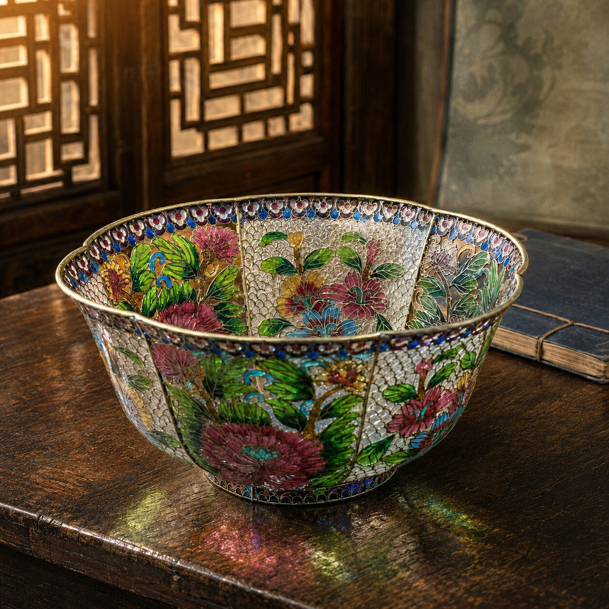 Vintage Chinese Plique-à-Jour Cloisonné Enamel Bowl, Large Floral Openwork