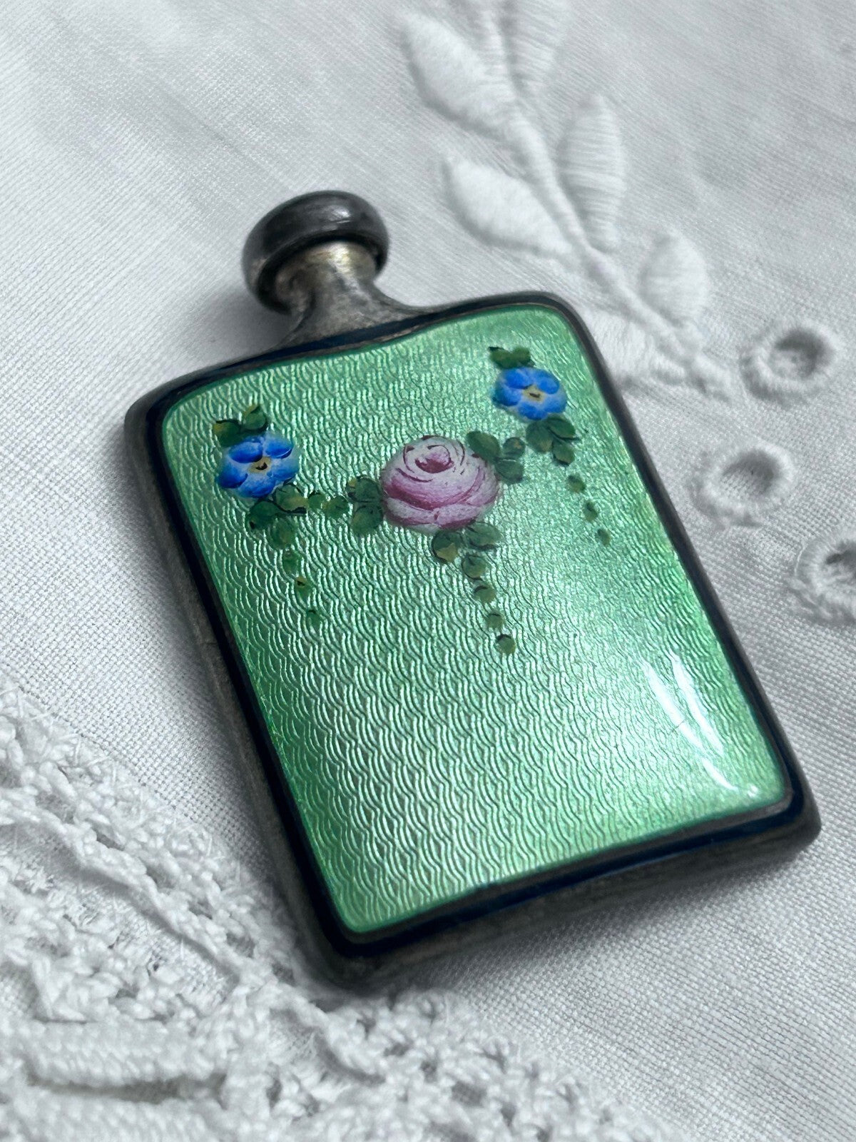 Sterling Silver Miniature Perfume Bottle with Green Guilloché Enamel