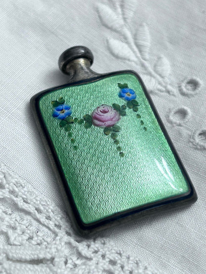 Sterling Silver Miniature Perfume Bottle with Green Guilloché Enamel