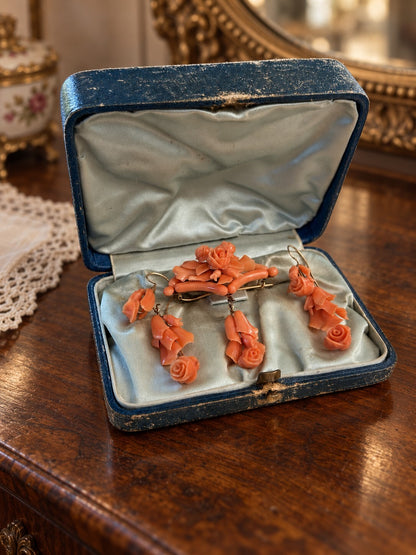 Victorian Carved Coral & 14K Gold Brooch and Earrings