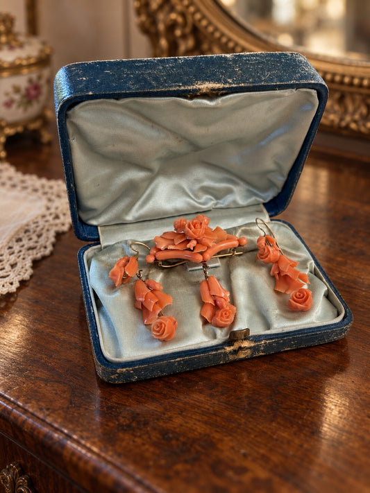 Victorian Carved Coral & 14K Gold Brooch and Earrings