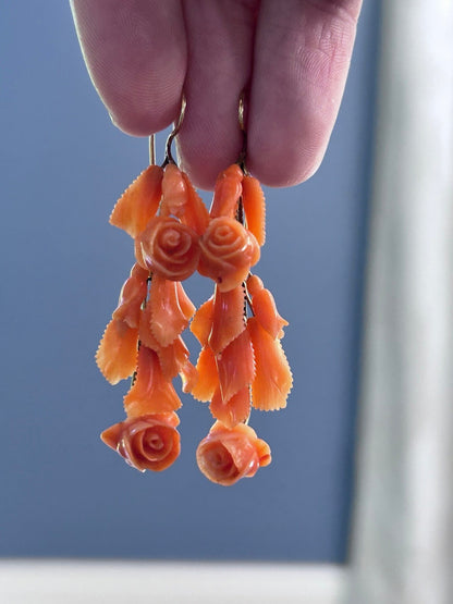 Victorian Carved Coral & 14K Gold Brooch and Earrings