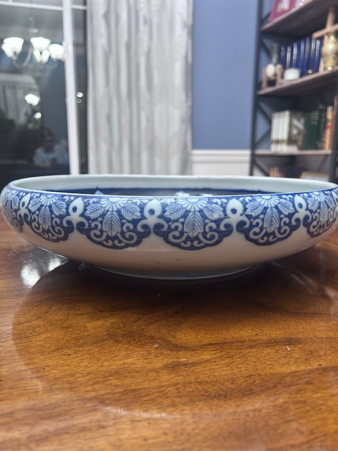 Antique Japanese Arita Blue and White Porcelain Bowl, Large 15 Inch Meiji Taisho Centerpiece