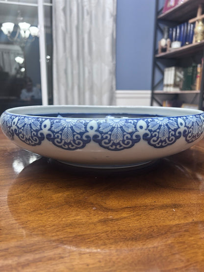 Antique Japanese Arita Blue and White Porcelain Bowl, Large 15 Inch Meiji Taisho Centerpiece