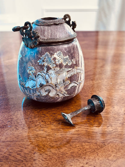 Chinese Inlaid Soapstone Jar, Mother-of-Pearl Landscape