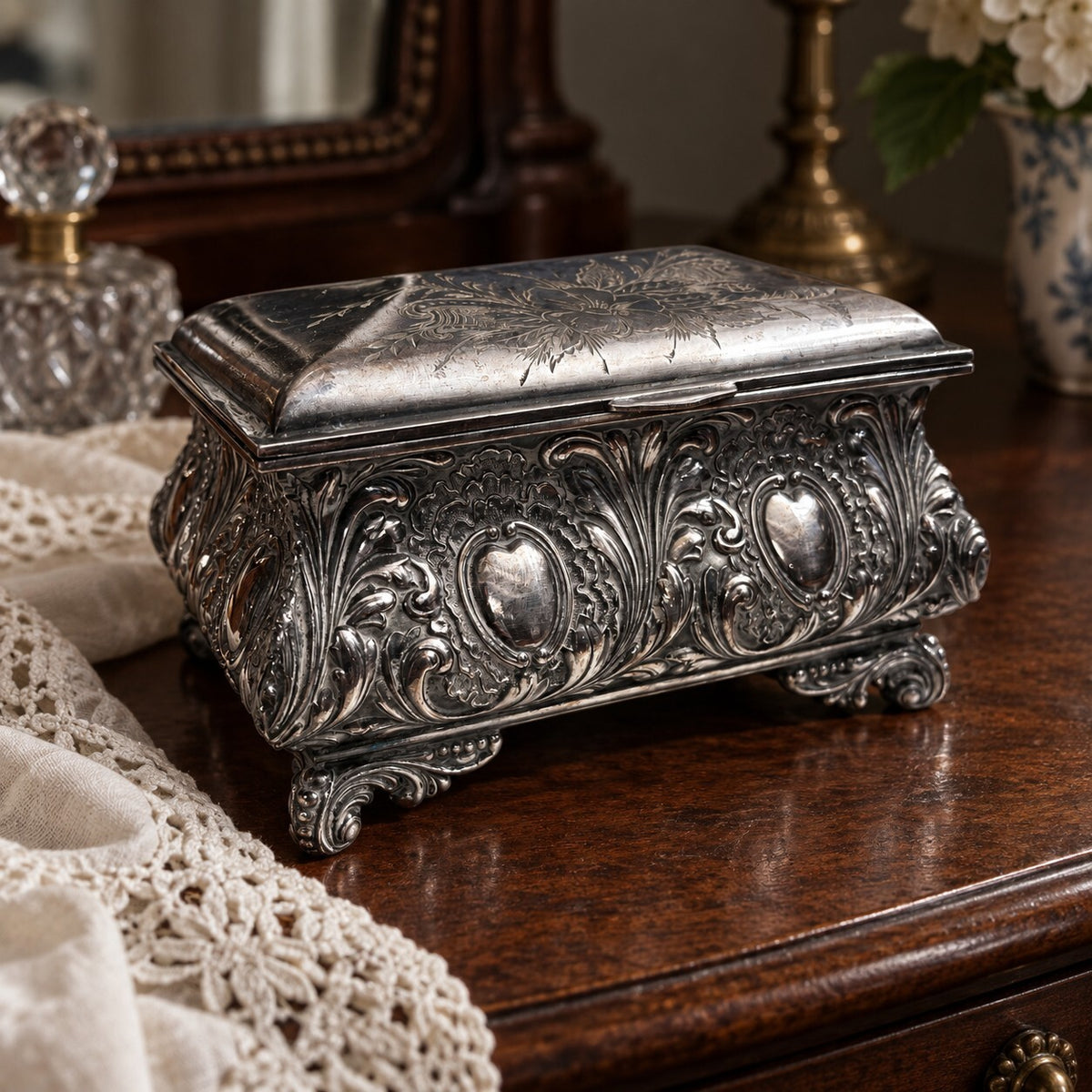 Antique James W. Tufts Boston Quadruple Plate Floral Box, No. 3227