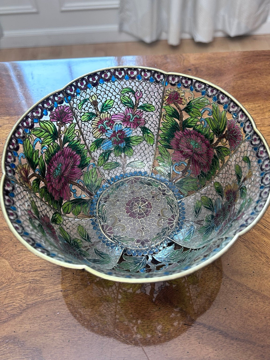 Vintage Chinese Plique-à-Jour Cloisonné Enamel Bowl, Large Floral Openwork