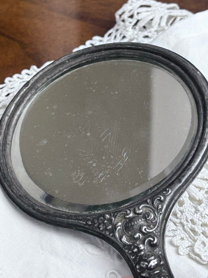 Antique Sterling Silver Floral Repoussé Hand Mirror