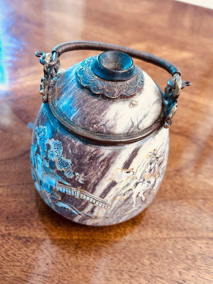 Chinese Inlaid Soapstone Jar, Mother-of-Pearl Landscape
