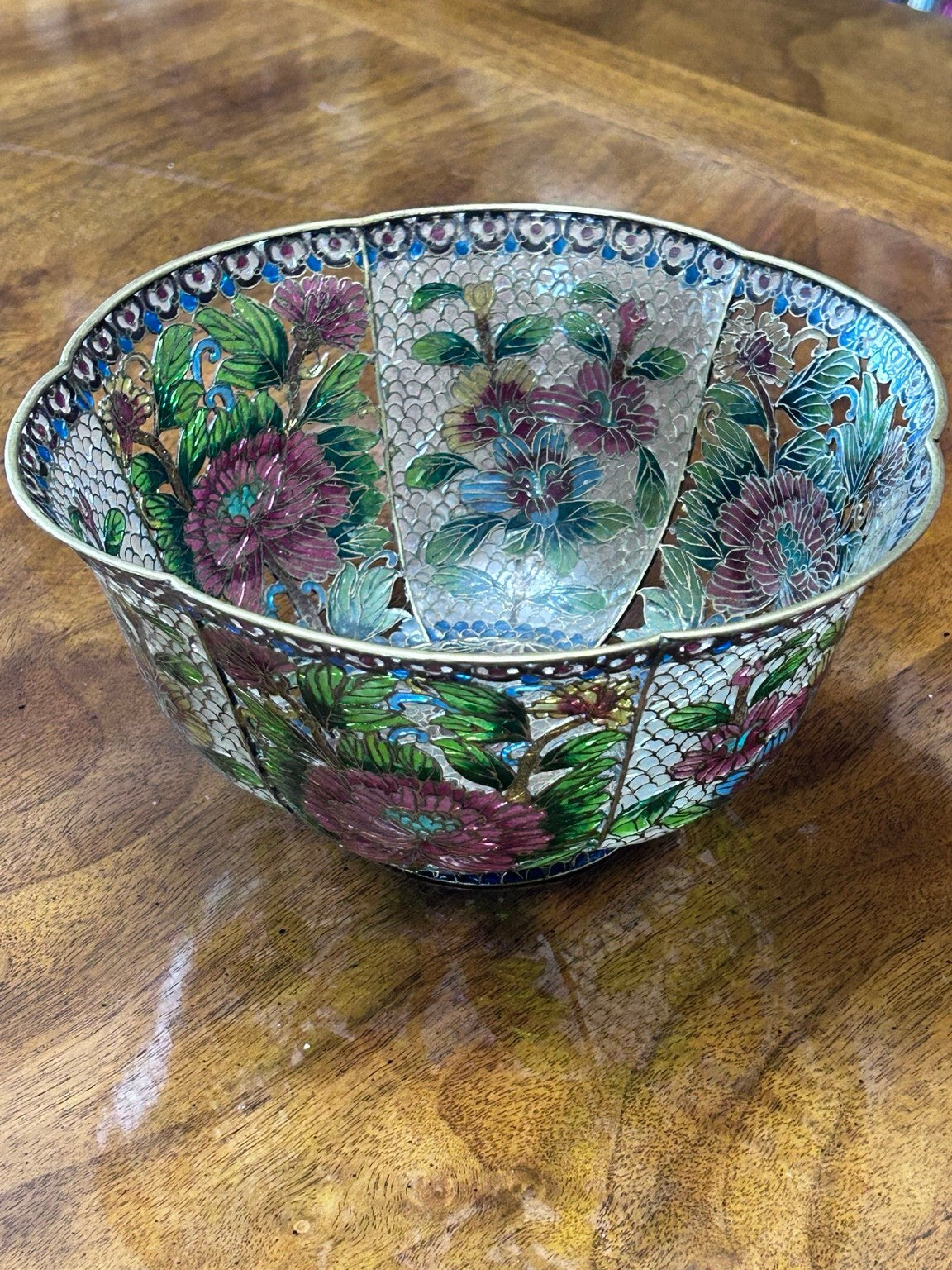 Vintage Chinese Plique-à-Jour Cloisonné Enamel Bowl, Large Floral Openwork
