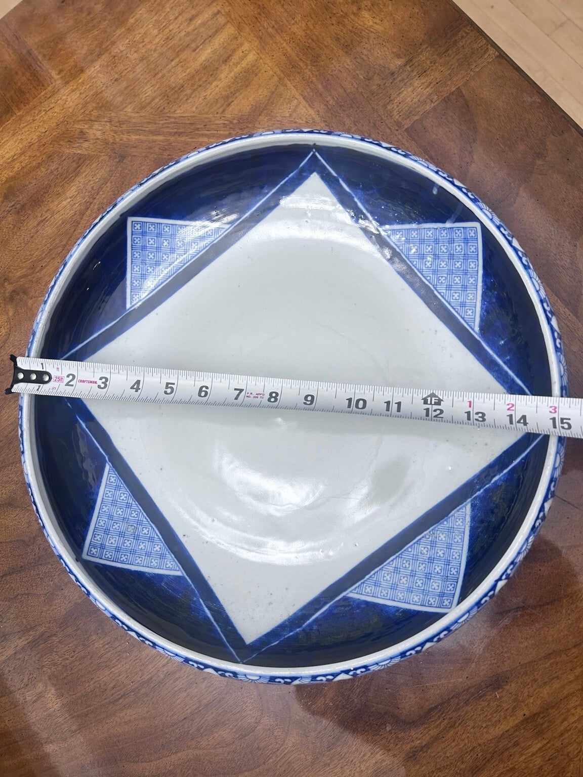 Antique Japanese Arita Blue and White Porcelain Bowl, Large 15 Inch Meiji Taisho Centerpiece
