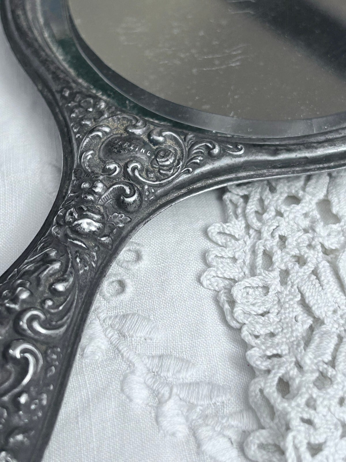 Antique Sterling Silver Floral Repoussé Hand Mirror
