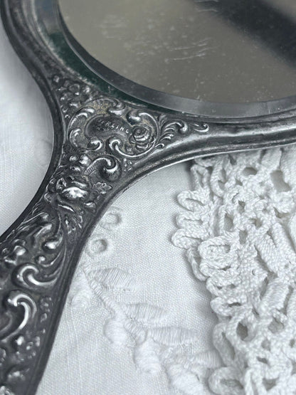 Antique Sterling Silver Floral Repoussé Hand Mirror