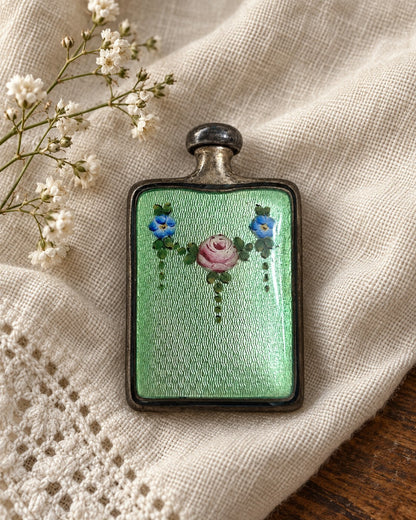 Sterling Silver Miniature Perfume Bottle with Green Guilloché Enamel