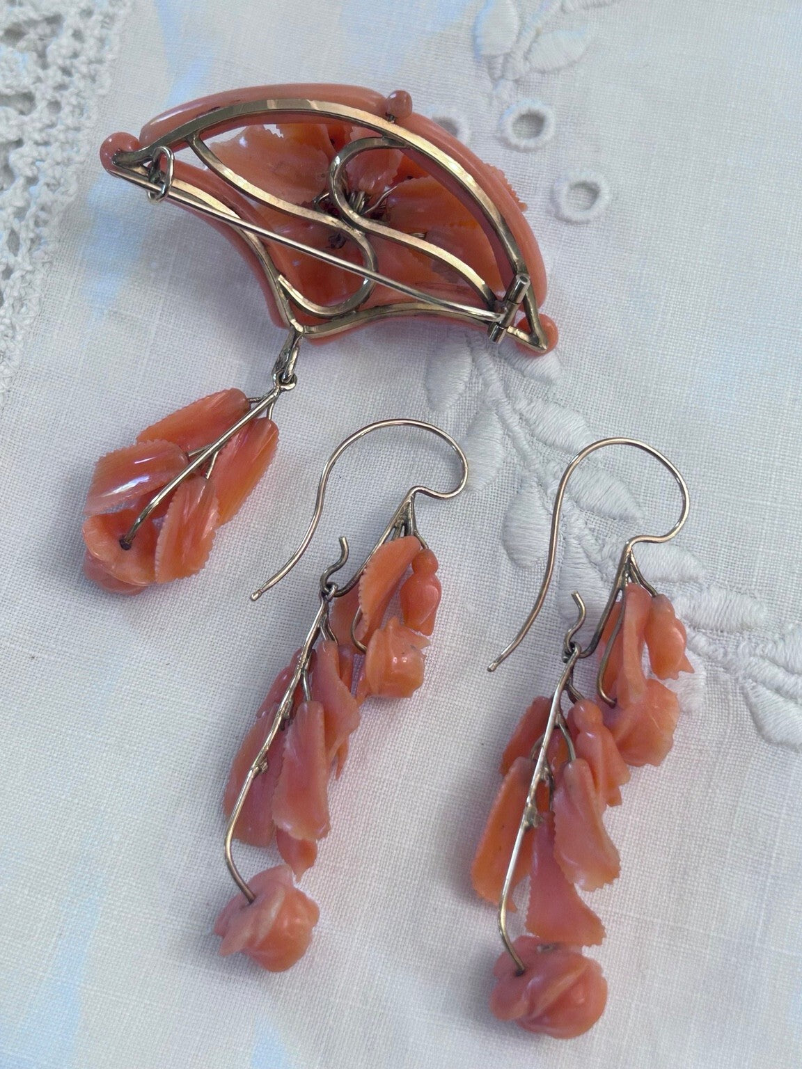 Victorian Carved Coral & 14K Gold Brooch and Earrings