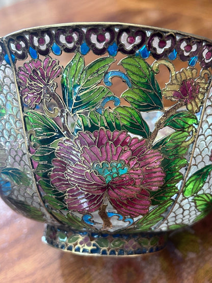 Vintage Chinese Plique-à-Jour Cloisonné Enamel Bowl, Large Floral Openwork
