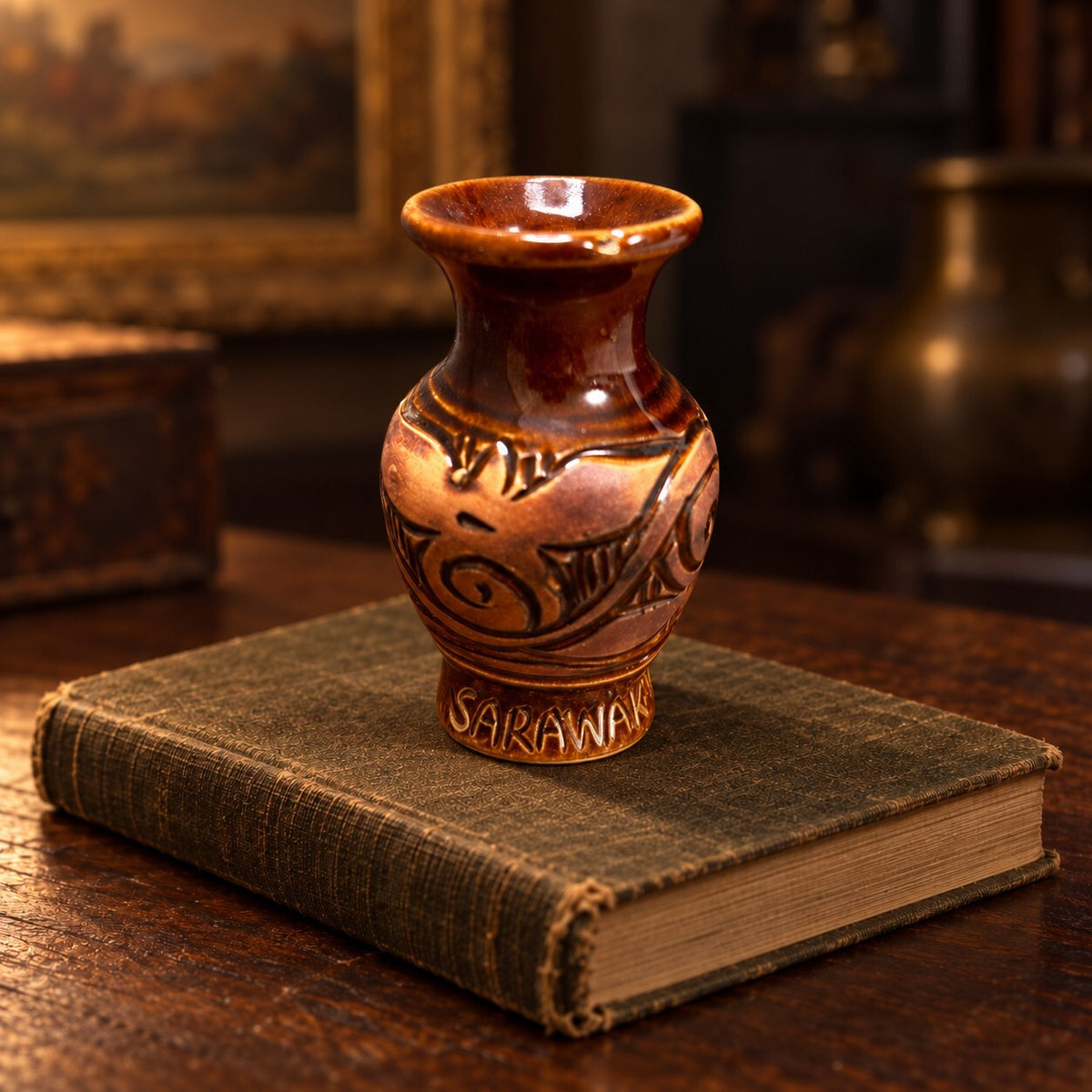 Sarawak Ceramic Bud Vase, Carved Brown Pottery, 4 Inch