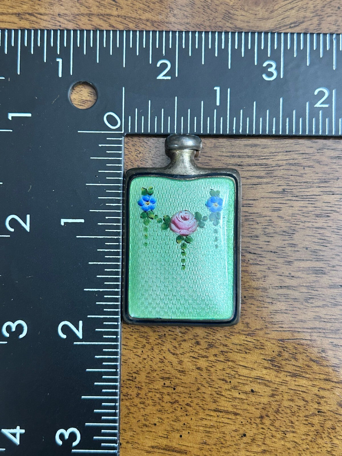 Sterling Silver Miniature Perfume Bottle with Green Guilloché Enamel