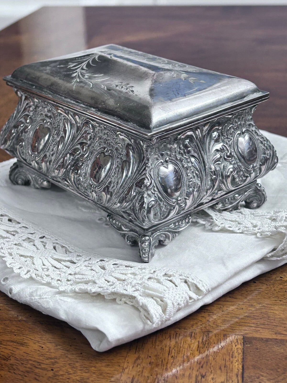 Antique James W. Tufts Boston Quadruple Plate Floral Box, No. 3227