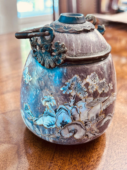 Chinese Inlaid Soapstone Jar, Mother-of-Pearl Landscape