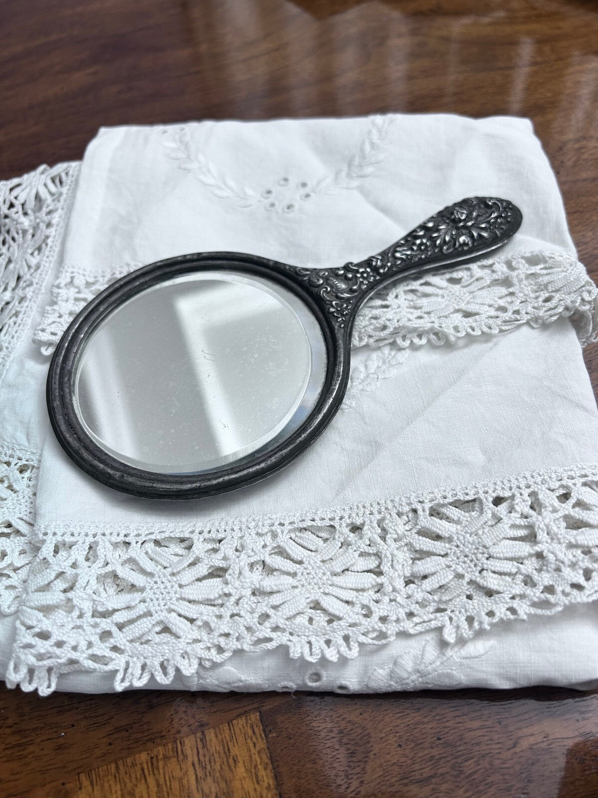 Antique Sterling Silver Floral Repoussé Hand Mirror