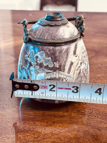 Chinese Inlaid Soapstone Jar, Mother-of-Pearl Landscape