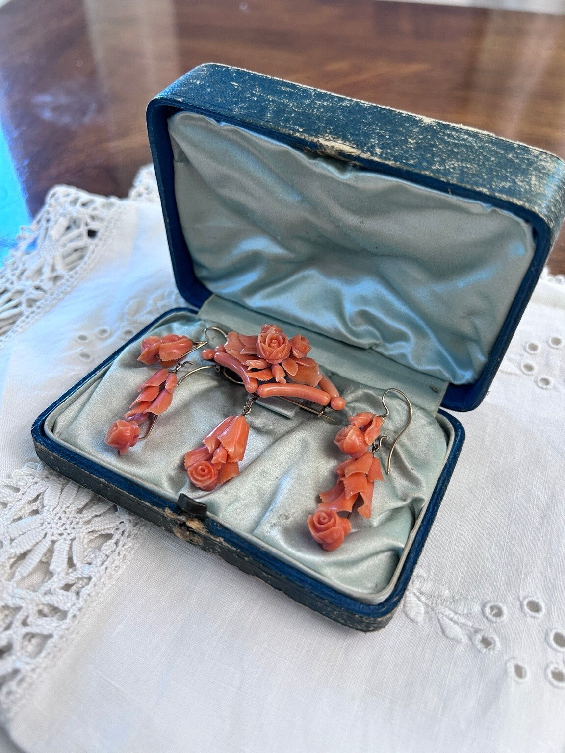 Victorian Carved Coral & 14K Gold Brooch and Earrings