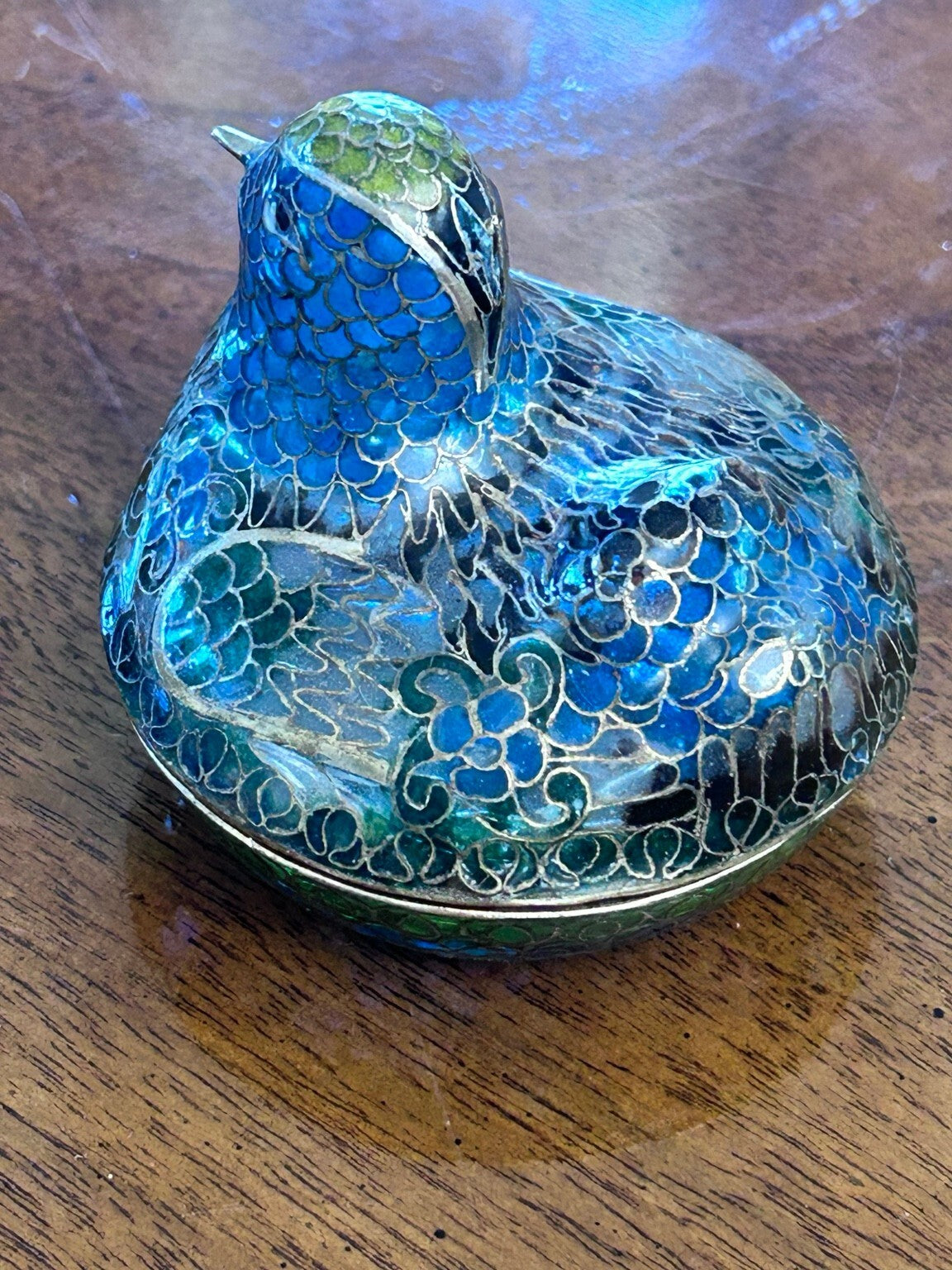 Vintage Plique-à-Jour Enamel Bird Box, Blue & Green