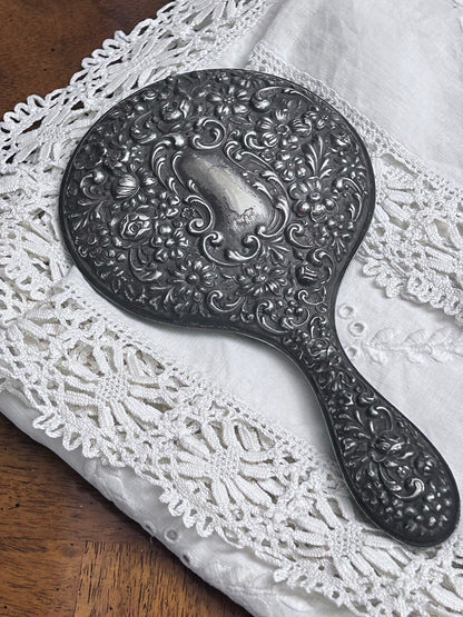 Antique Sterling Silver Floral Repoussé Hand Mirror