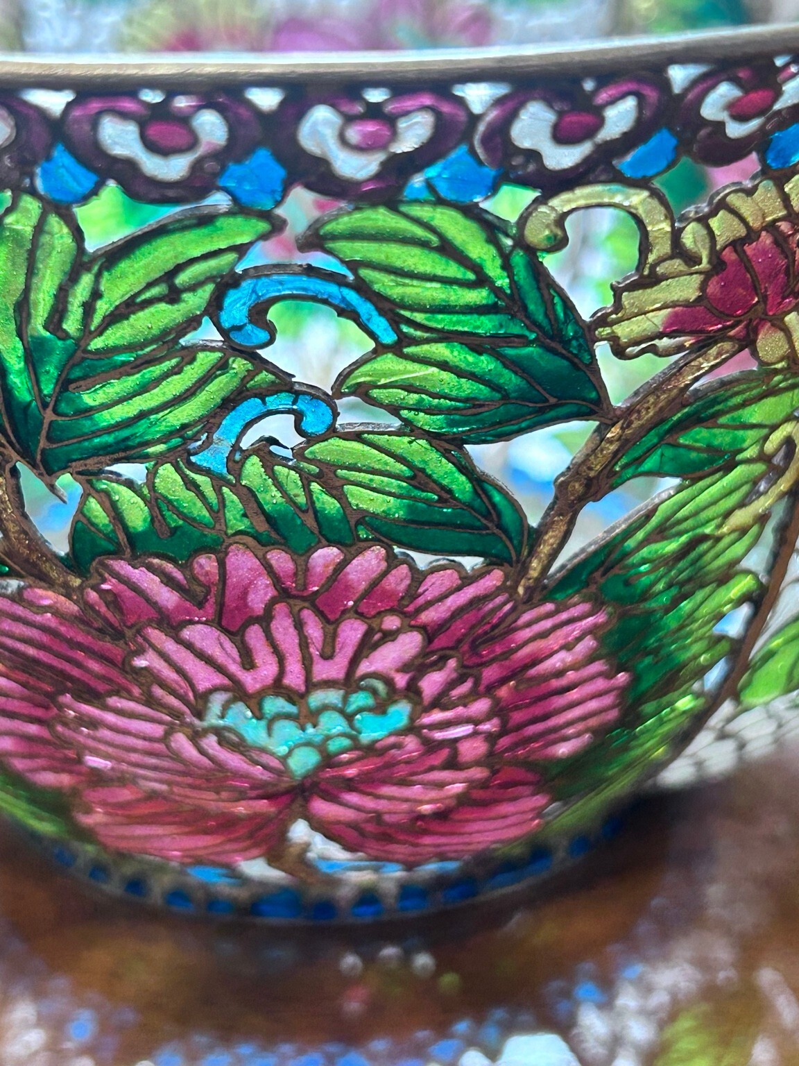 Vintage Chinese Plique-à-Jour Cloisonné Enamel Bowl, Large Floral Openwork