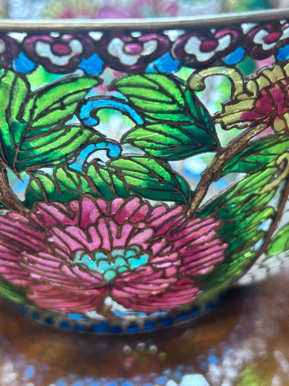 Vintage Chinese Plique-à-Jour Cloisonné Enamel Bowl, Large Floral Openwork