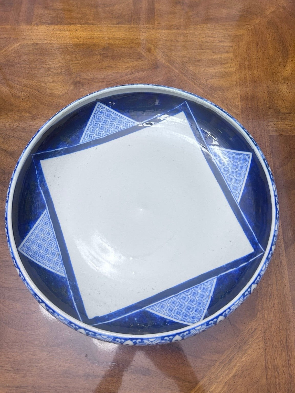 Antique Japanese Arita Blue and White Porcelain Bowl, Large 15 Inch Meiji Taisho Centerpiece