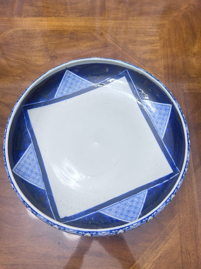 Antique Japanese Arita Blue and White Porcelain Bowl, Large 15 Inch Meiji Taisho Centerpiece