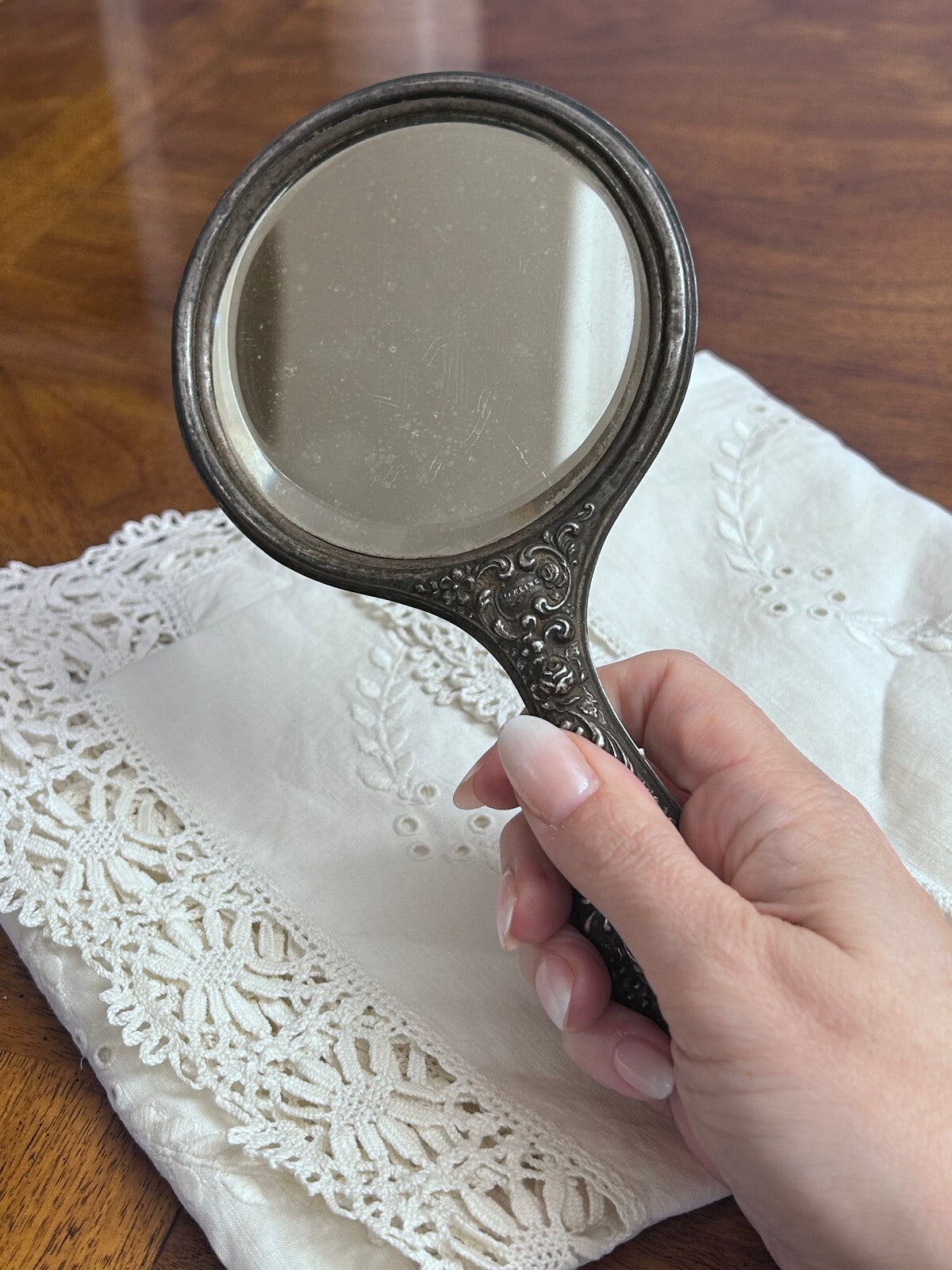 Antique Sterling Silver Floral Repoussé Hand Mirror