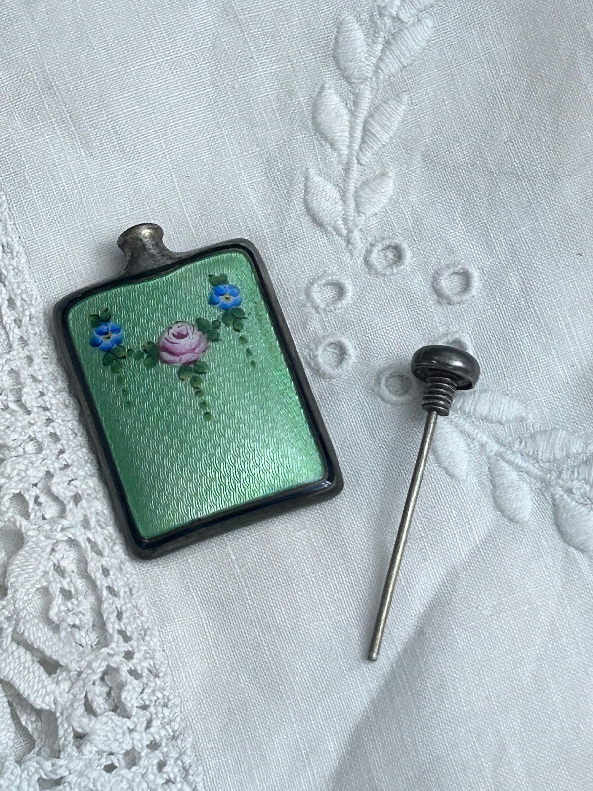 Sterling Silver Miniature Perfume Bottle with Green Guilloché Enamel