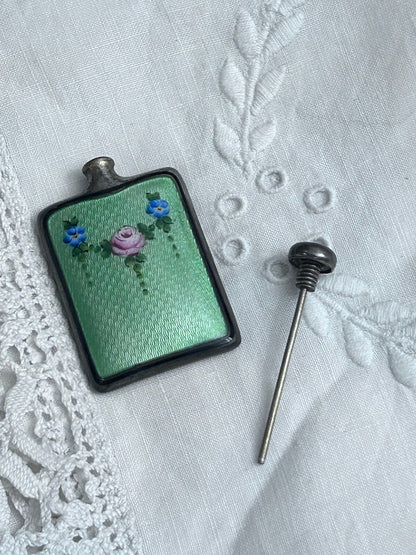 Sterling Silver Miniature Perfume Bottle with Green Guilloché Enamel