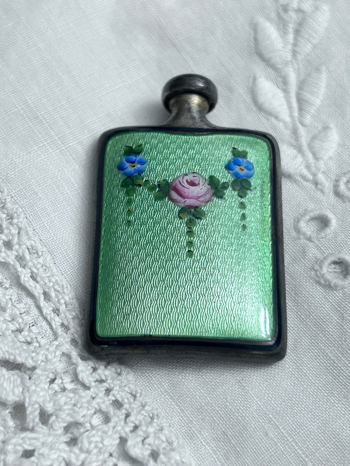 Sterling Silver Miniature Perfume Bottle with Green Guilloché Enamel
