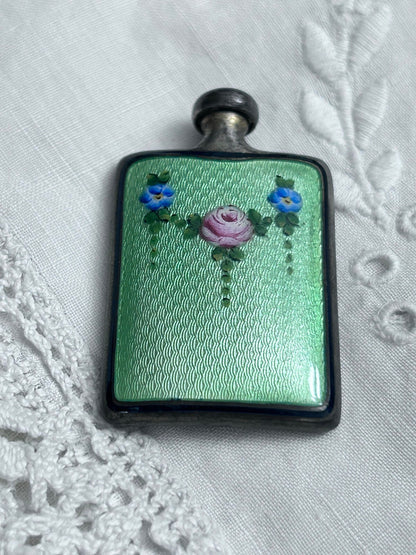 Sterling Silver Miniature Perfume Bottle with Green Guilloché Enamel