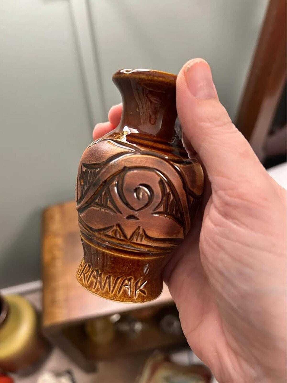Sarawak Ceramic Bud Vase, Carved Brown Pottery, 4 Inch
