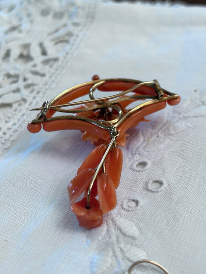 Victorian Carved Coral & 14K Gold Brooch and Earrings