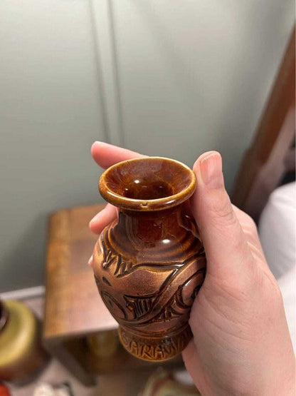 Sarawak Ceramic Bud Vase, Carved Brown Pottery, 4 Inch