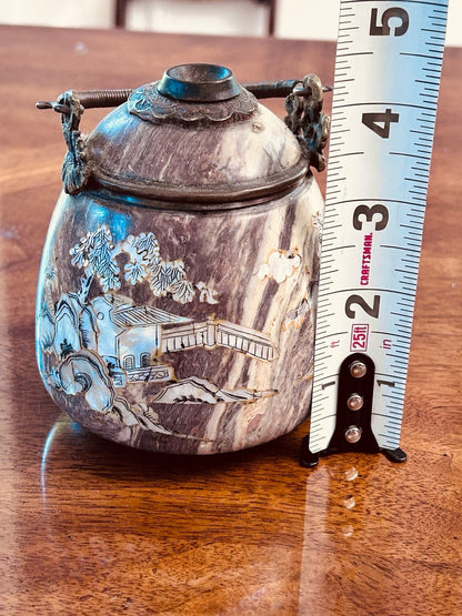 Chinese Inlaid Soapstone Jar, Mother-of-Pearl Landscape