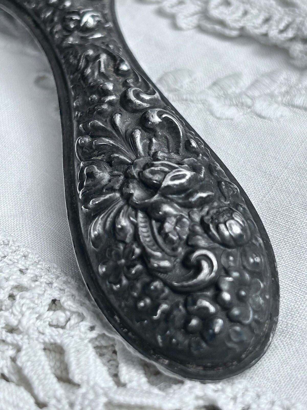 Antique Sterling Silver Floral Repoussé Hand Mirror
