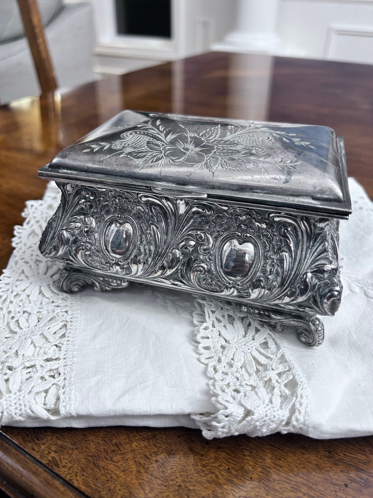 Antique James W. Tufts Boston Quadruple Plate Floral Box, No. 3227