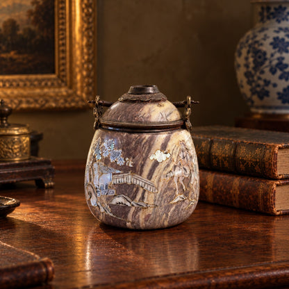 Chinese Inlaid Soapstone Jar, Mother-of-Pearl Landscape