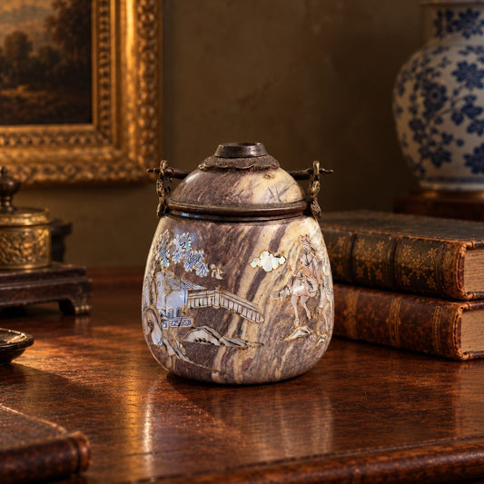 Chinese Inlaid Soapstone Jar, Mother-of-Pearl Landscape